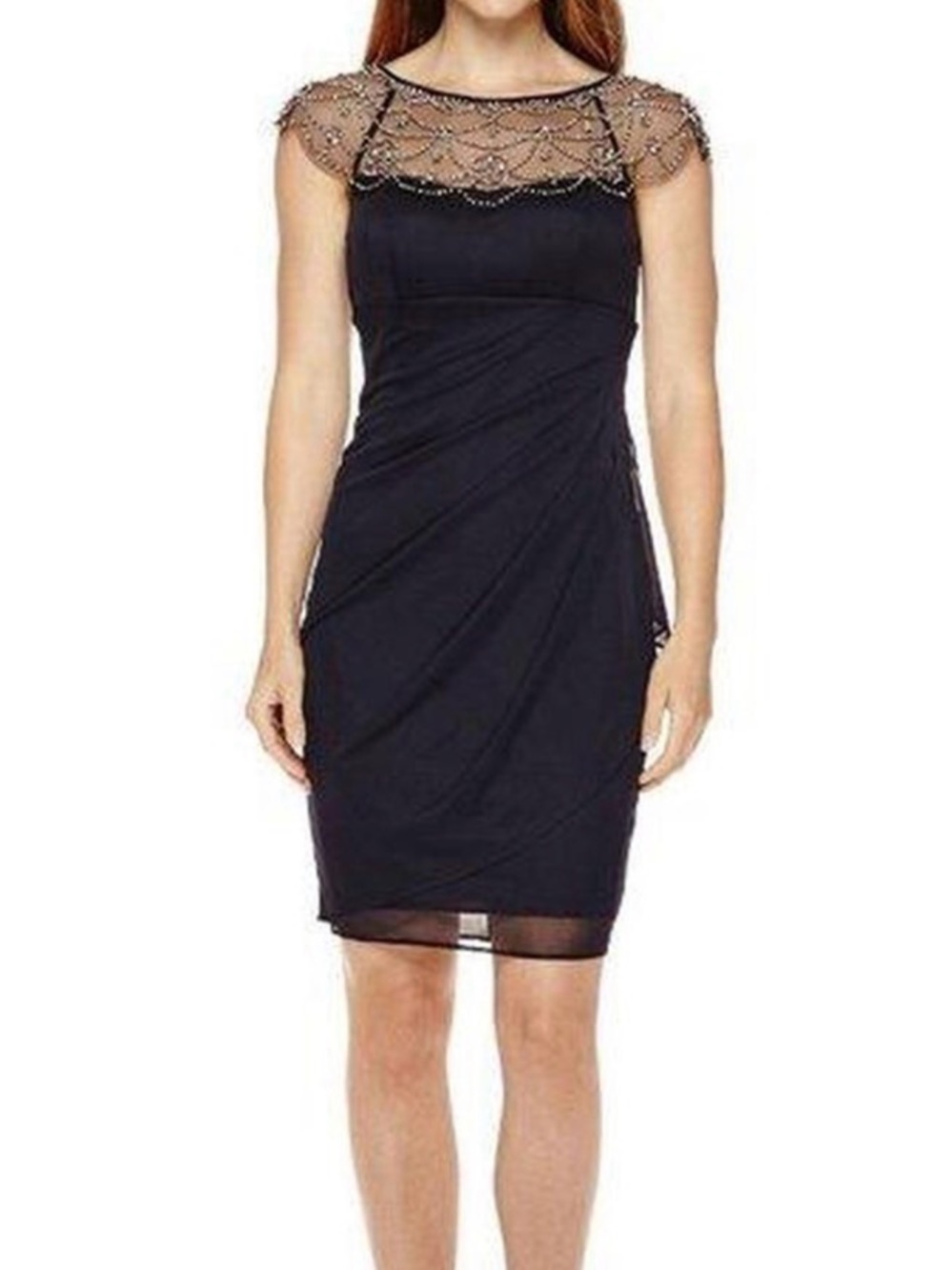 DJ - JAZ Elegant Black Beaded Illusion Neck Dress - Women's